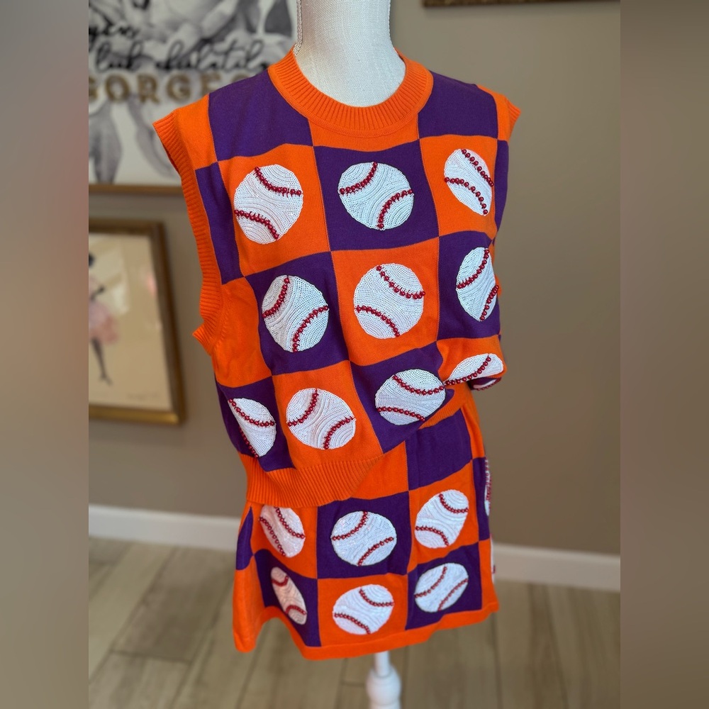 New! QUEEN OF SPARKLES Orange and Purple Checkered Baseball Sweater Vest & Skirt